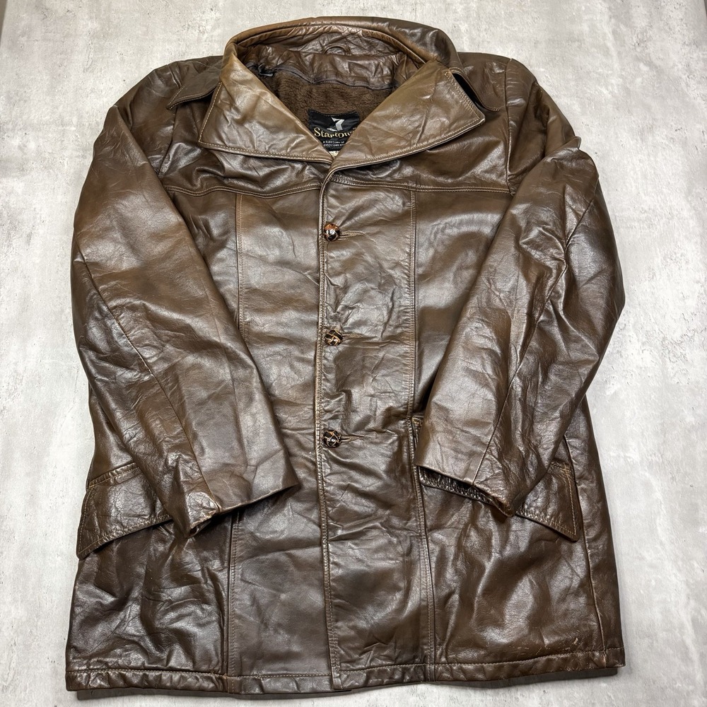 Vintage Startown Leather Jacket Mens 46L Brown Car Coat Lined USA Made 80s